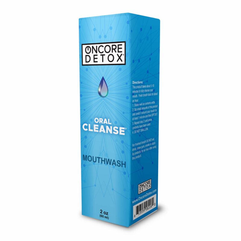 Side panel of the Oncore Detox Oral Cleanse Mouthwash carton showing the swish-and-spit directions