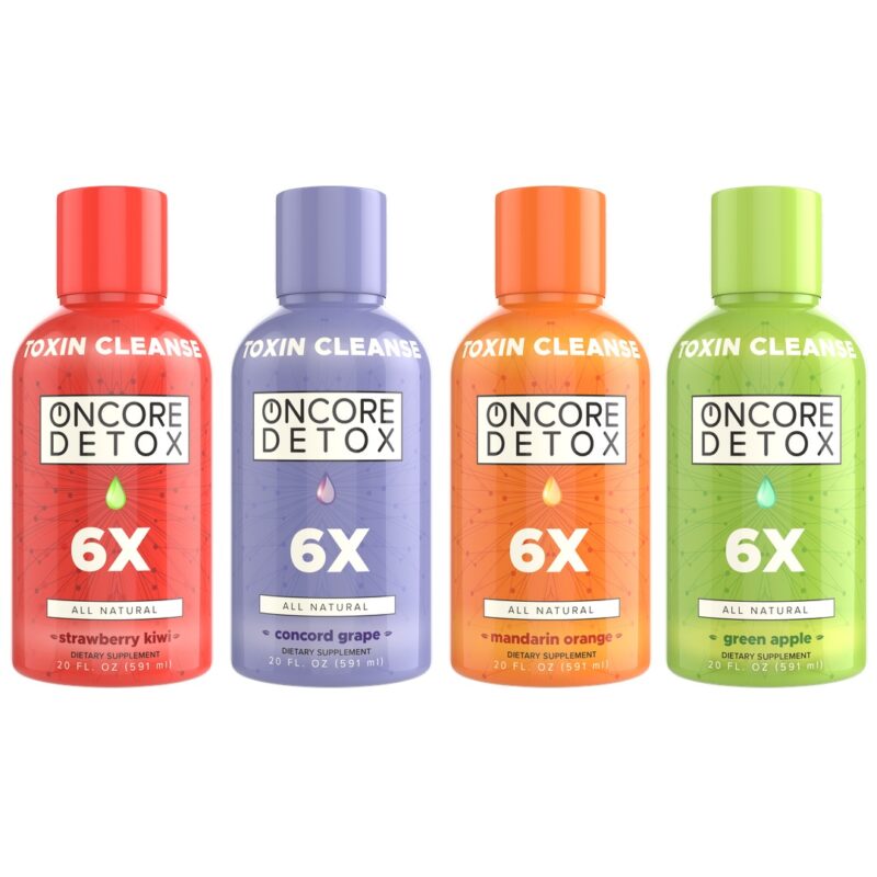Oncore Detox 6X Strength Drink in all four flavors — Strawberry Kiwi, Concord Grape, Mandarin Orange and Green Apple