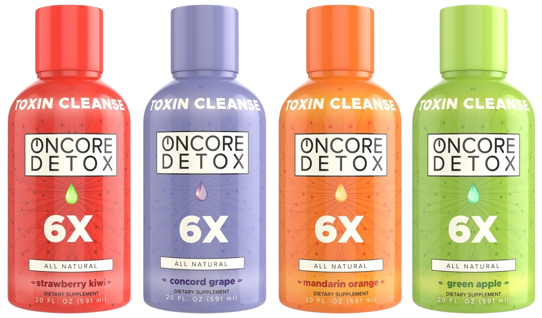 Oncore Detox Toxin Cleanse 6X drinks in strawberry kiwi, concord grape, mandarin orange and green apple
